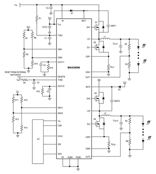 应用电路图 - Analog Devices / Maxim Integrated MAX20096/MAX20097高亮度LED控制器